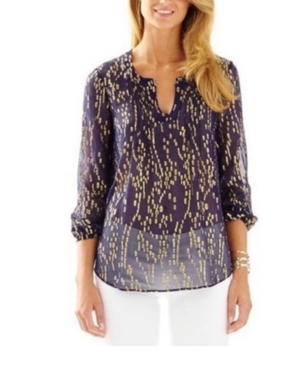 Lilly Pulitzer True Navy Gold Bubble Clip Dot Jacquard Blouse Top